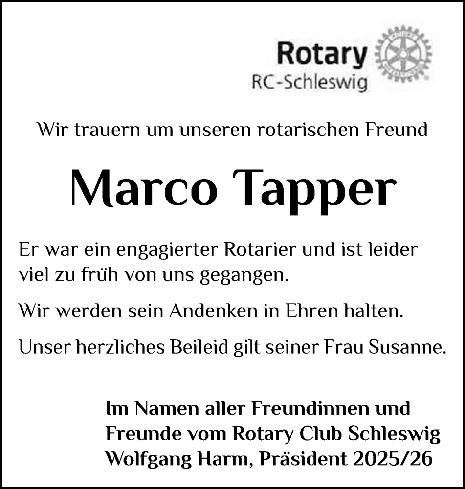  Traueranzeige für Marco Tapper vom 15.11.2025 aus Schleswiger Nachrichten, Schlei-Bote