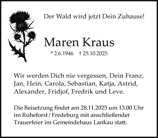 Traueranzeige von Maren Kraus von MARKT Ratzeburg/Mölln