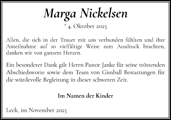 Traueranzeige von Marga Nickelsen von Husumer Nachrichten, Nordfriesland Tageblatt