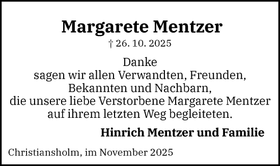 Traueranzeige von Margarete Mentzer von Schleswig-Holsteinische Landeszeitung