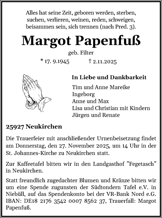 Traueranzeige von Margot Papenfuß von Husumer Nachrichten, Nordfriesland Tageblatt