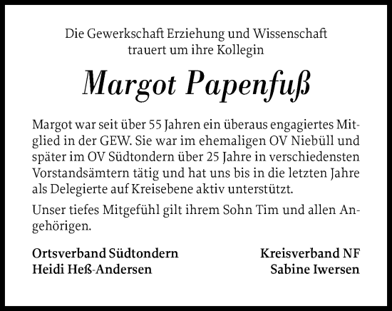 Traueranzeige von Margot Papenfuß von Husumer Nachrichten, Nordfriesland Tageblatt