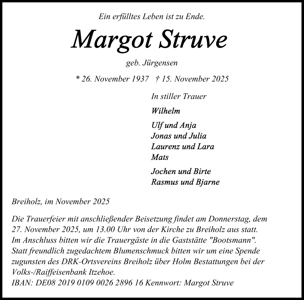  Traueranzeige für Margot Struve vom 22.11.2025 aus Schleswig-Holsteinische Landeszeitung