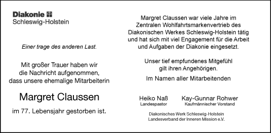 Traueranzeige von Margret Claussen von Schleswig-Holsteinische Landeszeitung