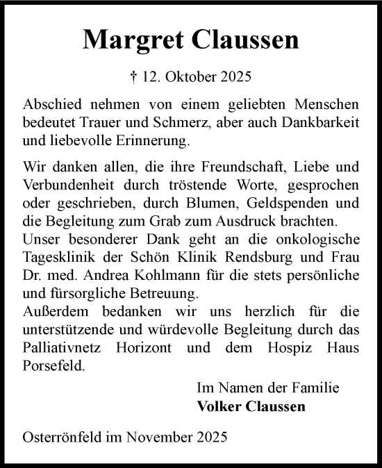 Traueranzeige von Margret Claussen von Schleswig-Holsteinische Landeszeitung