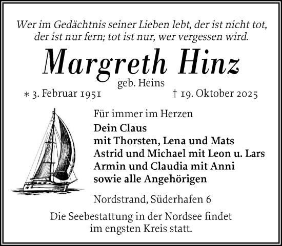 Traueranzeige von Margreth Hinz von Husumer Nachrichten, Nordfriesland Tageblatt