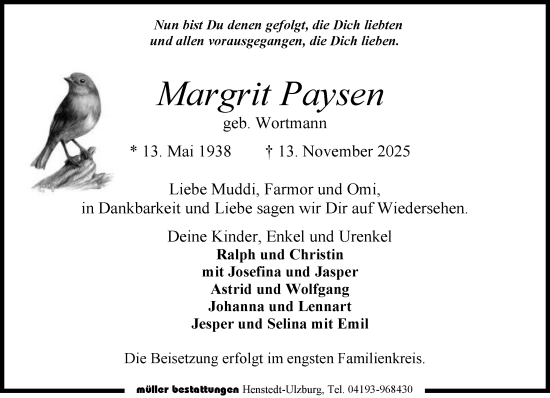 Traueranzeige von Margrit Paysen von Umschau