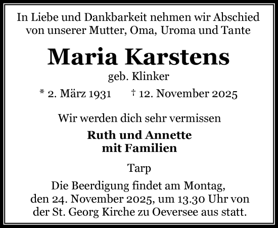 Traueranzeige von Maria Karstens von Flensburger Tageblatt