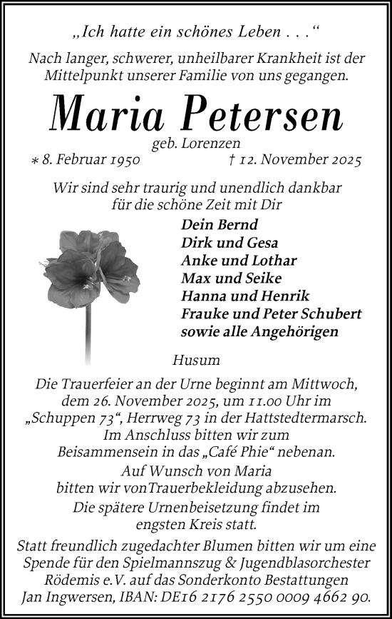 Traueranzeige von Maria Petersen von Husumer Nachrichten, Nordfriesland Tageblatt