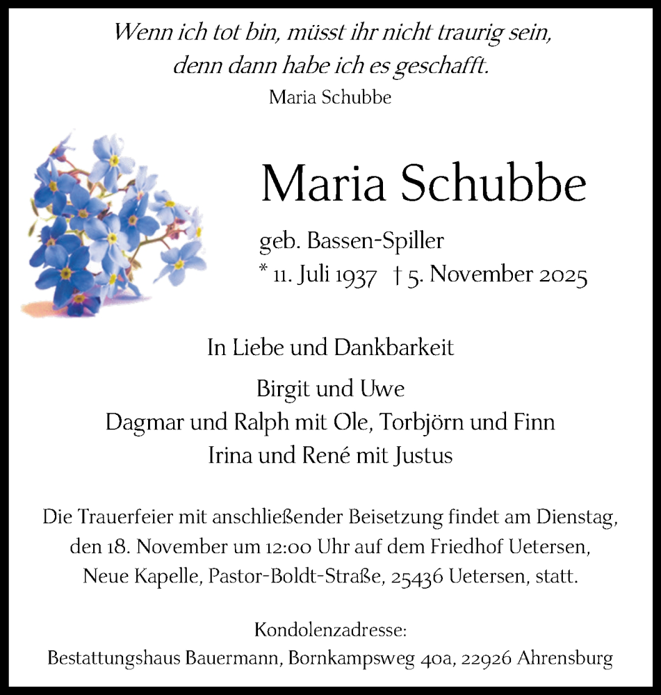  Traueranzeige für Maria Schubbe vom 15.11.2025 aus Uetersener Nachrichten, Der tip am Wochenende