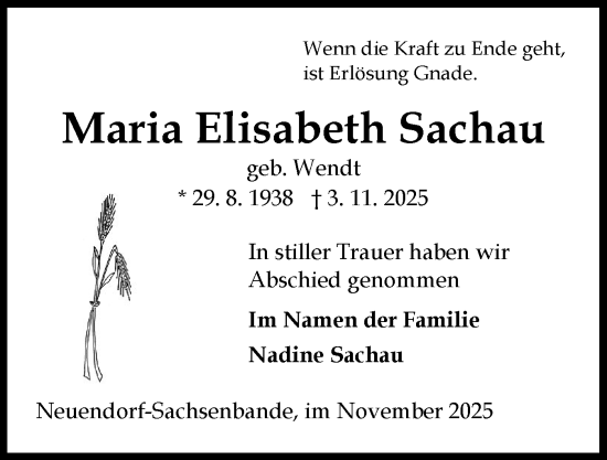 Traueranzeige von Maria Elisabeth Sachau von Norddeutsche Rundschau, Wilstersche Zeitung, Glückstädter Fortuna