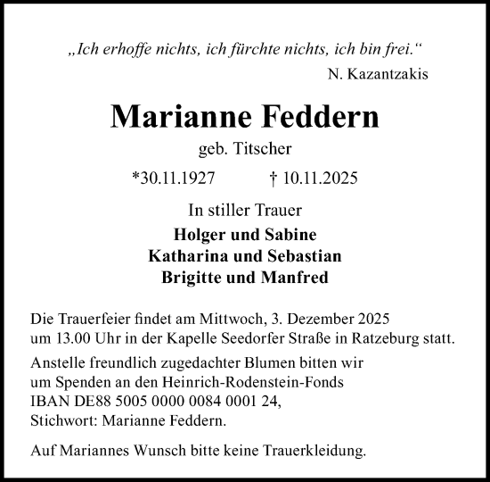 Traueranzeige von Marianne Feddern von MARKT Ratzeburg/Mölln