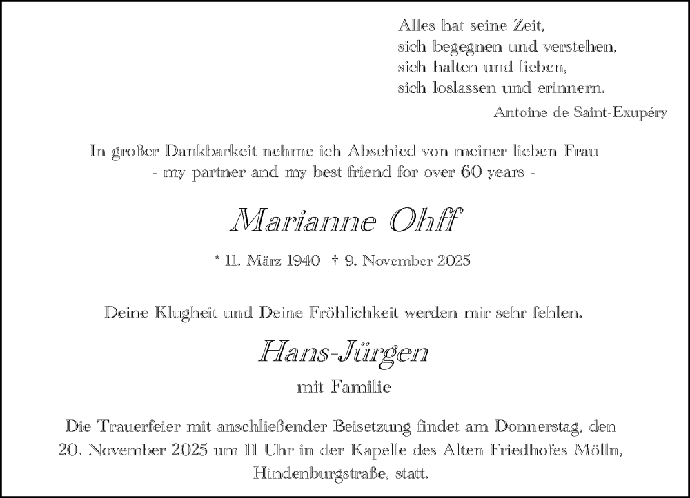  Traueranzeige für Marianne Ohff vom 15.11.2025 aus MARKT Ratzeburg/Mölln