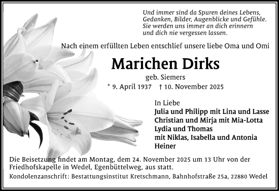 Traueranzeige von Marichen Dirks von Wedel-Schulauer Tageblatt, tip Wedel-Schulauer Tageblatt, tip Rissener Rundschau