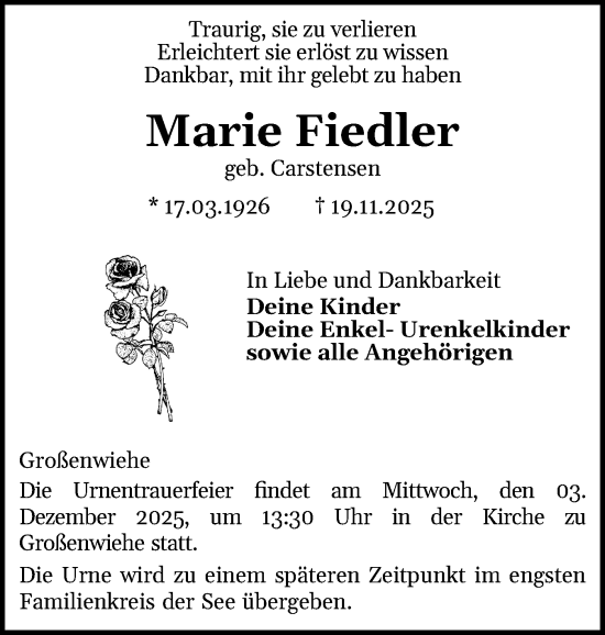 Traueranzeige von Marie Fiedler von Flensburger Tageblatt