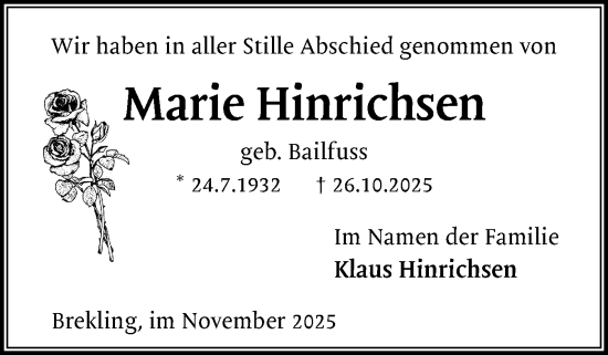 Traueranzeige von Marie Hinrichsen von Schleswiger Nachrichten, Schlei-Bote