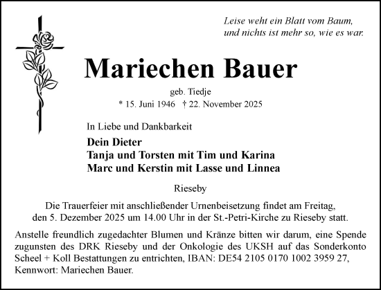Traueranzeige von Mariechen Bauer von Eckernförder Zeitung, Hallo Eckernförde