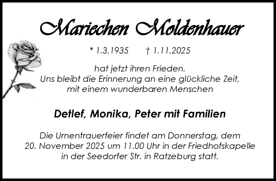 Traueranzeige von Mariechen Moldenhauer von MARKT Ratzeburg/Mölln