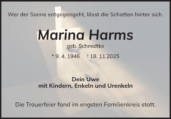 Traueranzeige von Marina Harms von Norddeutsche Rundschau, Wilstersche Zeitung, Glückstädter Fortuna