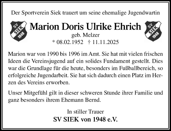 Traueranzeige von Marion Doris Ulrike Ehrich von MARKT Ahrensburg/Bargteheide/Trittau und Stormarner Tageblatt