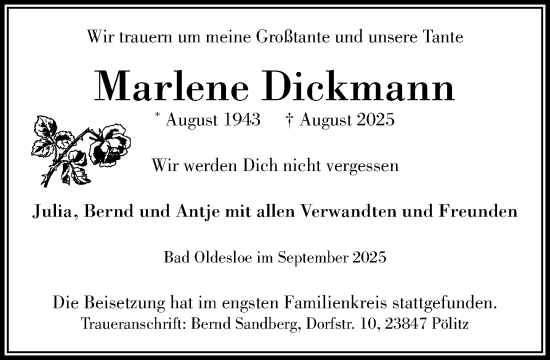 Traueranzeige von Marlene Dickmann von MARKT Bad Oldesloe/Reinfeld und Stormarner Tageblatt