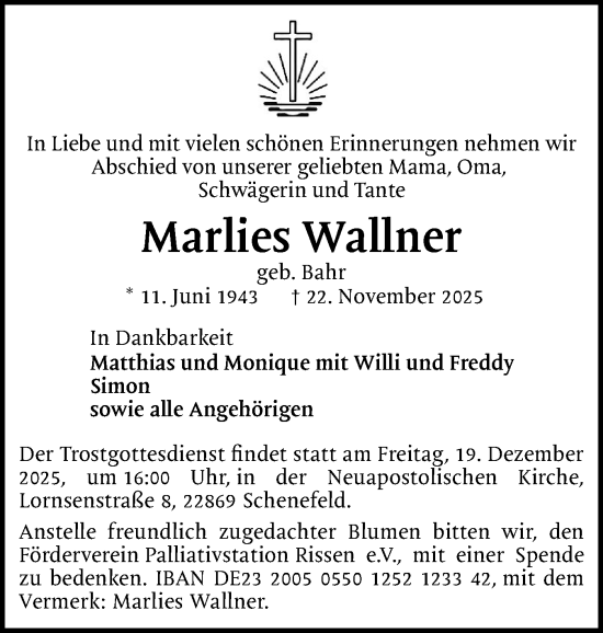 Traueranzeige von Marlies Wallner von Region Pinneberg und tip Pinneberg