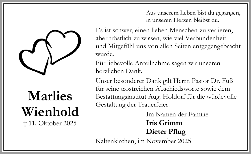  Traueranzeige für Marlies Wienhold vom 29.11.2025 aus Umschau