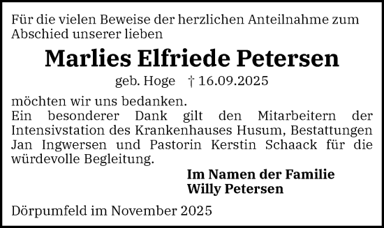 Traueranzeige von Marlies Elfriede Petersen von Husumer Nachrichten, Nordfriesland Tageblatt