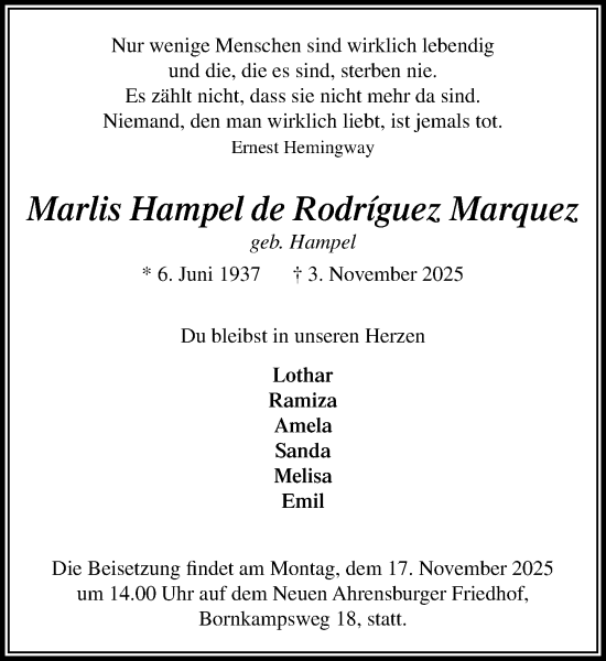 Traueranzeige von Marlis Hampel de Rodriguez Marquez von MARKT Ahrensburg/Bargteheide/Trittau und Stormarner Tageblatt