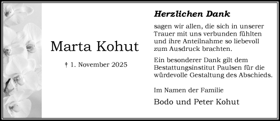 Traueranzeige von Marta Kohut von MARKT Bad Oldesloe/Reinfeld und Stormarner Tageblatt
