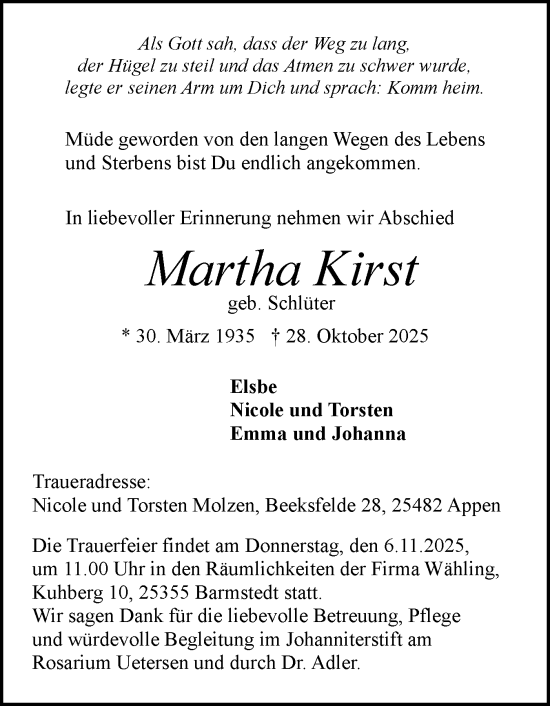 Traueranzeige von Martha Kirst von Elmshorner Nachrichten, Barmstedter Zeitung