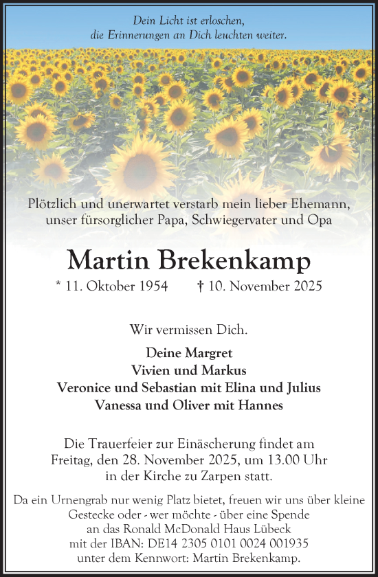 Traueranzeige von Martin Brekenkamp von MARKT Bad Oldesloe/Reinfeld und Stormarner Tageblatt
