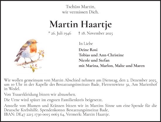 Traueranzeige von Martin Haartje von Wedel-Schulauer Tageblatt, tip Wedel-Schulauer Tageblatt, tip Rissener Rundschau