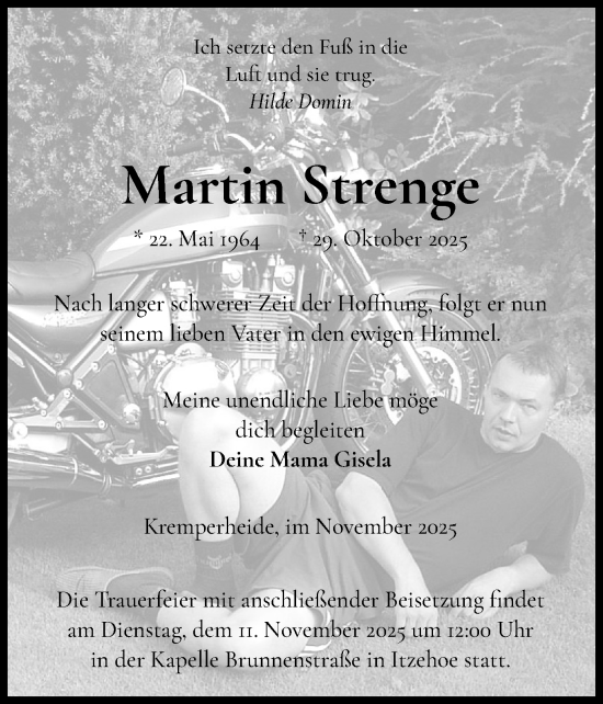 Traueranzeige von Martin Strenge von Norddeutsche Rundschau, Wilstersche Zeitung, Glückstädter Fortuna