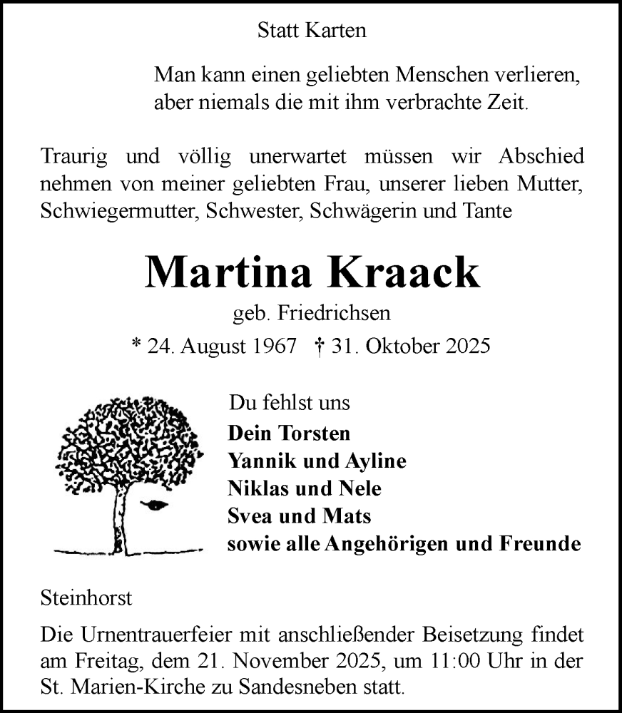  Traueranzeige für Martina Kraack vom 15.11.2025 aus MARKT Bad Oldesloe/Reinfeld, MARKT Ahrensburg/Bargteheide/Trittau und Stormarner Tageblatt