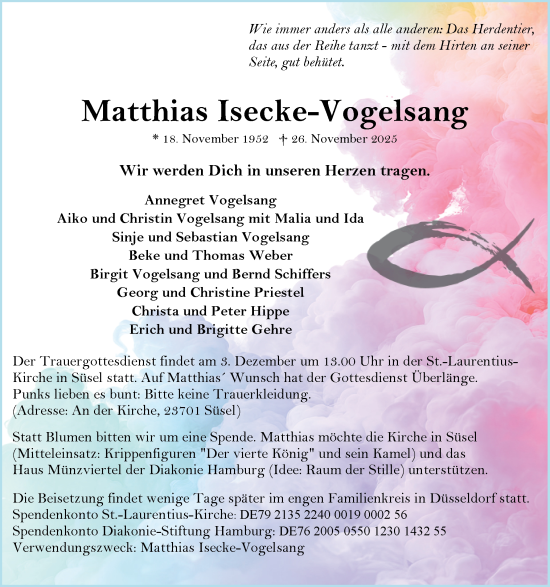 Traueranzeige von Matthias Isecke-Vogelsang von Ostholsteiner Anzeiger