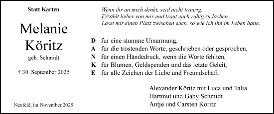 Traueranzeige von Melanie Köritz von Norddeutsche Rundschau, Wilstersche Zeitung, Glückstädter Fortuna