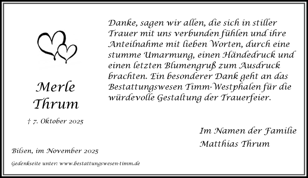  Traueranzeige für Merle Thrum vom 15.11.2025 aus Umschau
