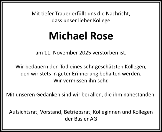 Traueranzeige von Michael Rose von MARKT Ahrensburg/Bargteheide/Trittau und Stormarner Tageblatt