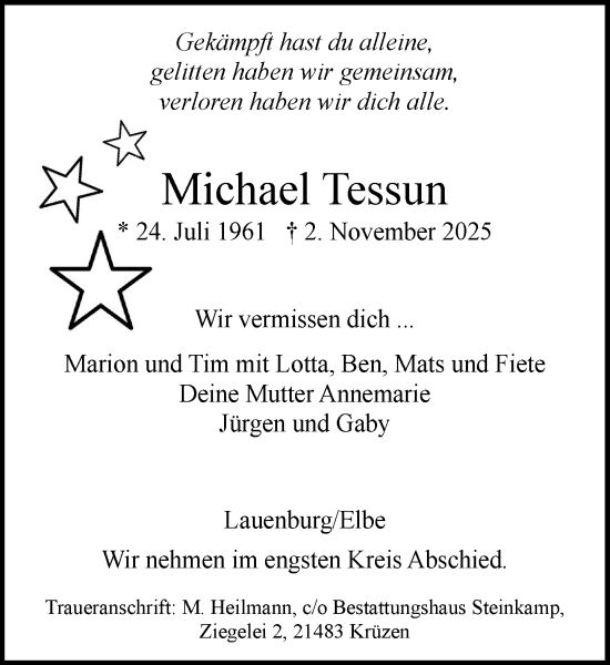 Traueranzeige von Michael Tessun von Wochenend Anzeiger