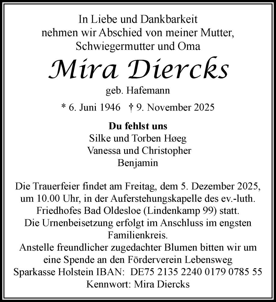  Traueranzeige für Mira Diercks vom 22.11.2025 aus MARKT Bad Oldesloe/Reinfeld und Stormarner Tageblatt