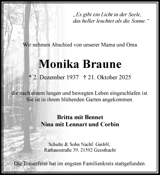 Traueranzeige von Monika Braune von Wochenend Anzeiger