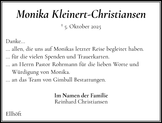 Traueranzeige von Monika Kleinert-Christiansen von Husumer Nachrichten, Nordfriesland Tageblatt