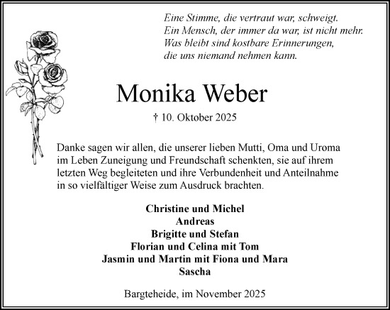 Traueranzeige von Monika Weber von MARKT Ahrensburg/Bargteheide/Trittau und Stormarner Tageblatt