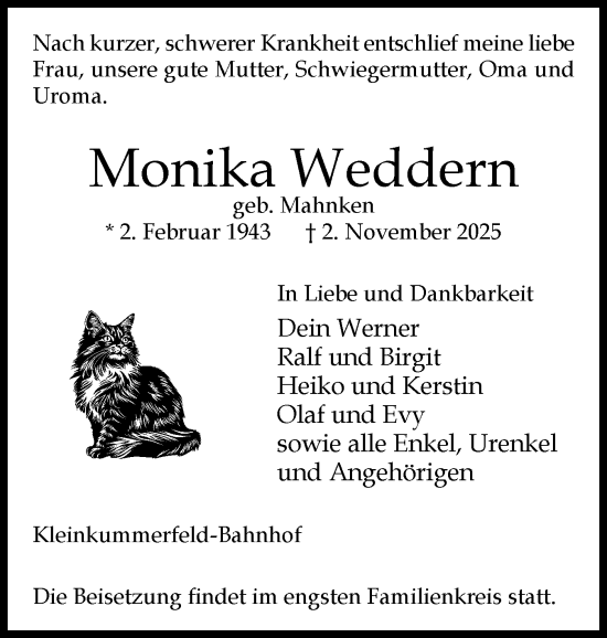Traueranzeige von Monika Weddern von Holsteinischer Courier