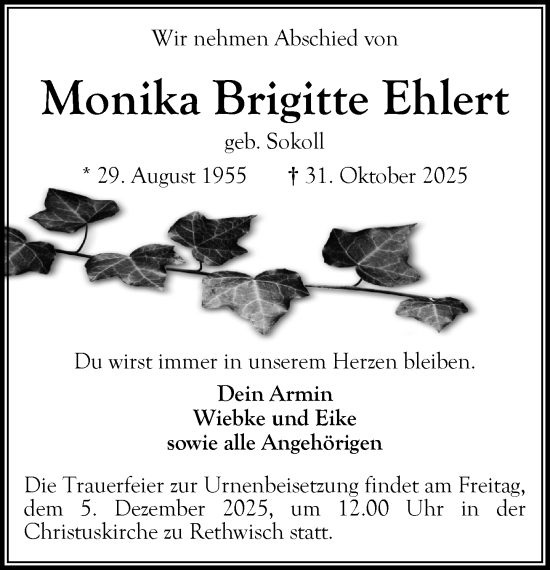 Traueranzeige von Monika Brigitte Ehlert von MARKT Bad Oldesloe/Reinfeld und Stormarner Tageblatt