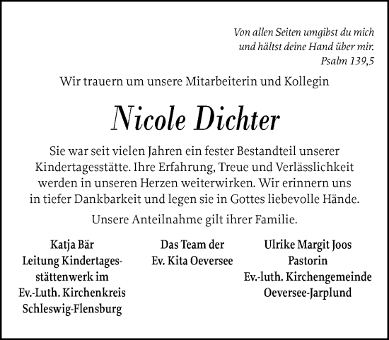 Traueranzeige von Nicole Dichter von Flensburger Tageblatt