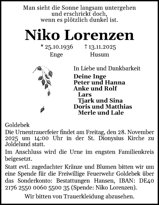 Traueranzeige von Niko Lorenzen von Region Flensburg