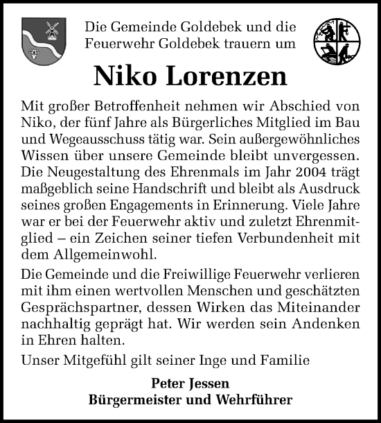 Traueranzeige von Niko Lorenzen von Husumer Nachrichten, Nordfriesland Tageblatt