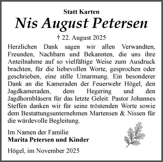 Traueranzeige von Nis August Petersen von Husumer Nachrichten, Nordfriesland Tageblatt